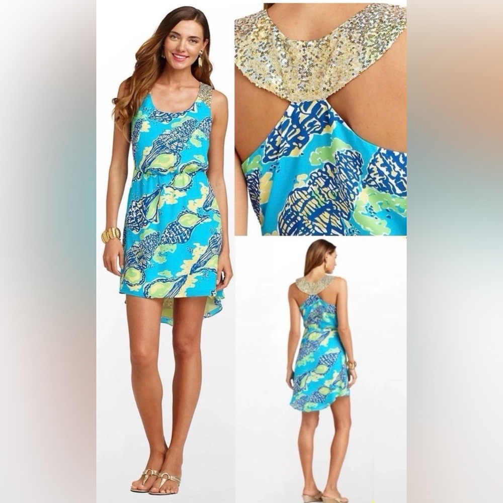 Lilly Pulitzer Dress Blue Yellow Gold Green S Small Summer Resort Cruise